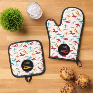 Ensemble De Gant De Cuisine Et De Manique Avions Motif Nom personnalisé Enfants
