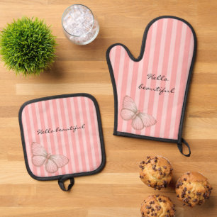Ensemble De Gant De Cuisine Et De Manique Bandes roses avec papillon