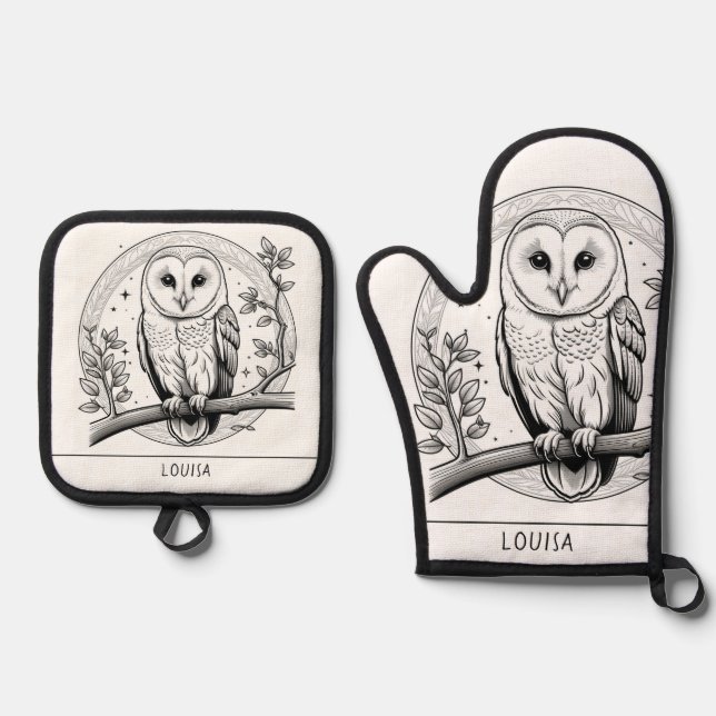 Ensemble De Gant De Cuisine Et De Manique Barne Owl Bird Ligne d'image Art noir et blanc (Recto)