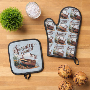 Ensemble De Gant De Cuisine Et De Manique Bateau du lac Serene avec oies et Fleurs sauvages