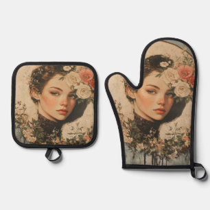 Ensemble De Gant De Cuisine Et De Manique Beauté Lune - Femme avec Fleur et Pleine lune