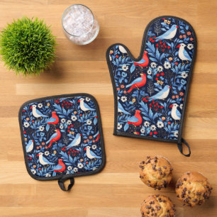 Ensemble De Gant De Cuisine Et De Manique Beaux oiseaux d'hiver carrelés