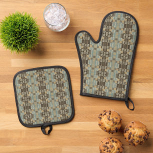 Ensemble De Gant De Cuisine Et De Manique Beige Turquoise Bleu Vert Taupe Brown Motif tribal
