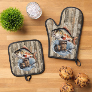 Ensemble De Gant De Cuisine Et De Manique Belle pêche cabine lac maison poisson cuisine