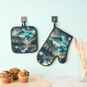Ensemble De Gant De Cuisine Et De Manique Belle scène de Camping avec Montagnes et Tente