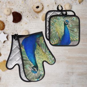 Ensemble De Gant De Cuisine Et De Manique Belles plumes de paon bleu