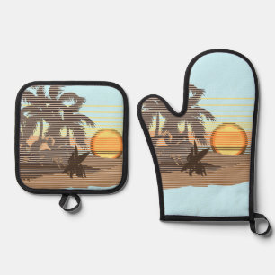 Ensemble De Gant De Cuisine Et De Manique Big Sunset Hawaiian Strifers - Aqua & Brown