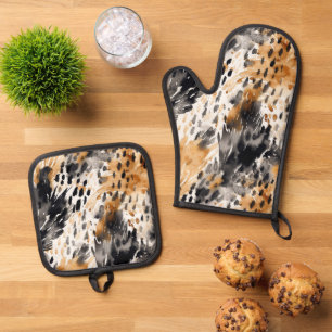 Ensemble De Gant De Cuisine Et De Manique Blanc Noir Crème Léopard Animal  