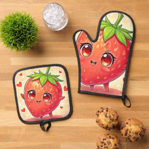 Ensemble De Gant De Cuisine Et De Manique Bliss de fraises sucrées adorables