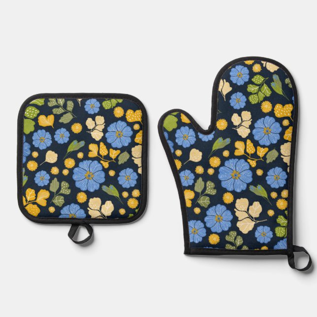 Ensemble De Gant De Cuisine Et De Manique Blue and Yellow Floral Hand-Drawn (Recto)