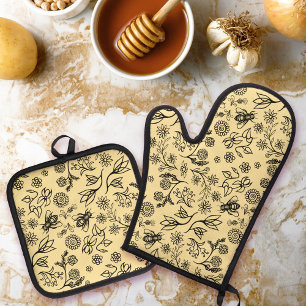 Ensemble De Gant De Cuisine Et De Manique Boho Été Floral Miel Abeille Motif Jaune mignonne