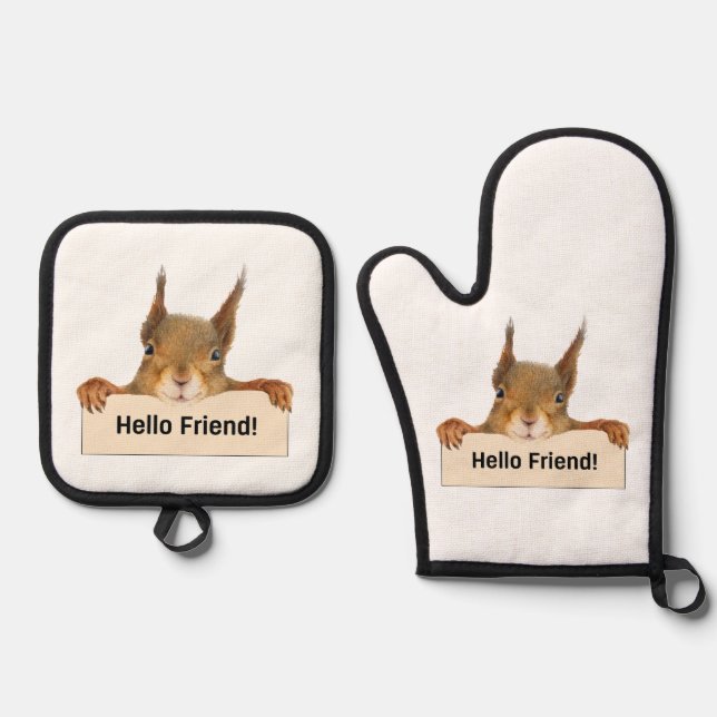 Ensemble De Gant De Cuisine Et De Manique Bonjour ami Funny Squirrel (Recto)