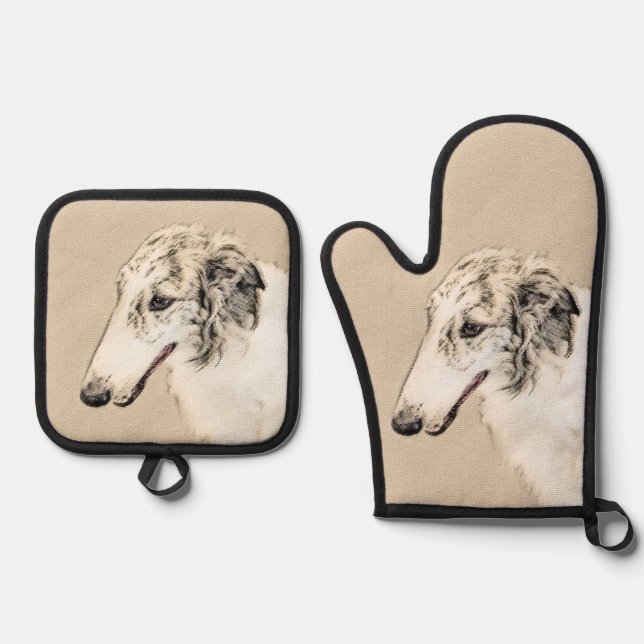 Ensemble De Gant De Cuisine Et De Manique Borzoi Argent Brindle Peinture Wolfhound Chien Art (Recto)