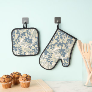 Ensemble De Gant De Cuisine Et De Manique Botanique Bleu Japonais Vintage : Fougère à Feuill