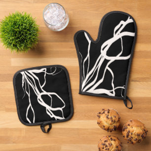 Ensemble De Gant De Cuisine Et De Manique Bouquet Noir : Abstrait noir et blanc