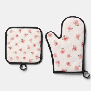 Ensemble De Gant De Cuisine Et De Manique Bourgeon de rose rose aquarelle floral vintage ros