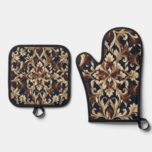 Ensemble De Gant De Cuisine Et De Manique Bourgogne doré motif damassé baroque orné