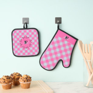Ensemble De Gant De Cuisine Et De Manique "Breezy Blue, Hot Pink" En vichy personnalisable