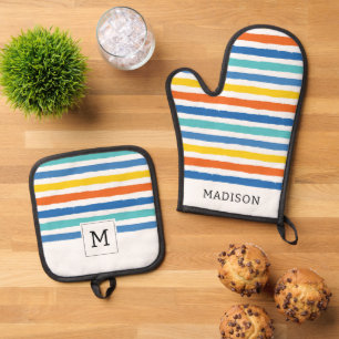 Ensemble De Gant De Cuisine Et De Manique Bright Beach Striped Motif