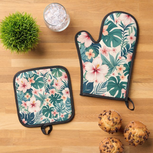 Ensemble De Gant De Cuisine Et De Manique Brise Botanique - Tropical Floral Fours Mitt & Pot (De haut en bas)