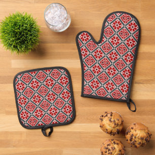 Ensemble De Gant De Cuisine Et De Manique Broderie Ethnique Slave, Traditionnel Balkanique