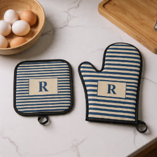 Ensemble De Gant De Cuisine Et De Manique Bue/Vanilla rayé monogrammé