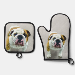 Ensemble De Gant De Cuisine Et De Manique Bulldog Peinture rouge et blanc anglais Pet Dog Ar
