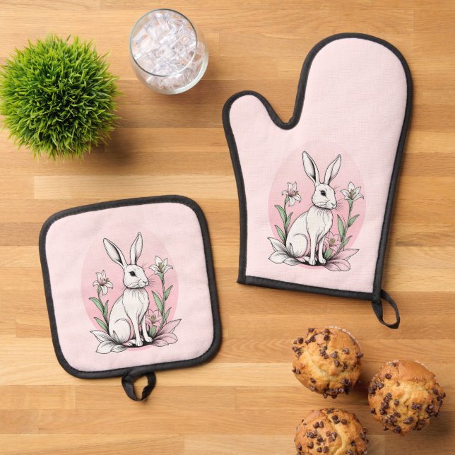 Ensemble De Gant De Cuisine Et De Manique Bunny et Lilies (De haut en bas)