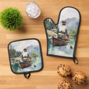 Ensemble De Gant De Cuisine Et De Manique Cabine de pêche de la maison de lac Cute