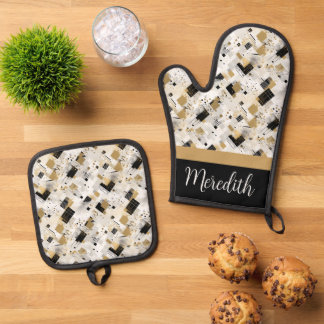 Ensemble De Gant De Cuisine Et De Manique Cadeau Abstrait de nom personnalisé Black Gold