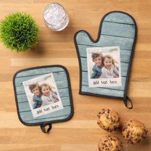 Ensemble De Gant De Cuisine Et De Manique Cadre photo rustique Denim Shiplap Arrière - plan 