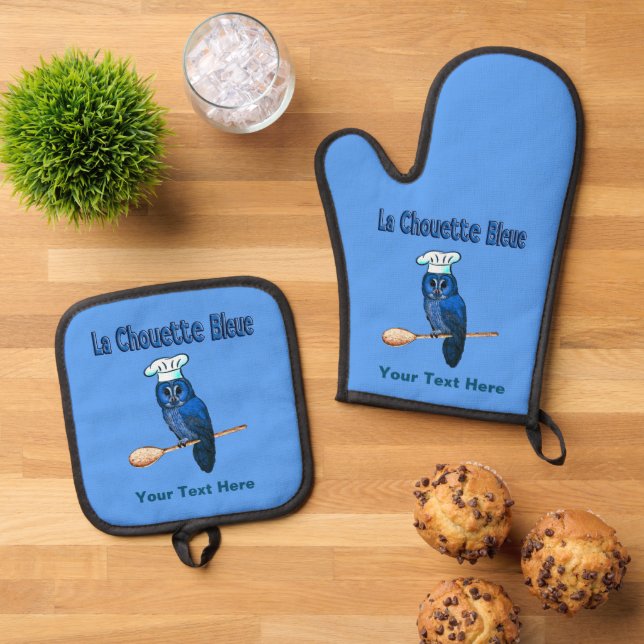 Ensemble De Gant De Cuisine Et De Manique Café La Chouette Bleue (De haut en bas)