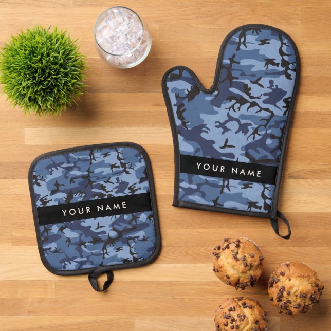 Ensemble De Gant De Cuisine Et De Manique Camouflage bleu marine Votre nom Personnalisez (De haut en bas)