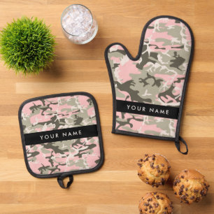 Ensemble De Gant De Cuisine Et De Manique Camouflage Rose et Vert Personnalisez votre nom