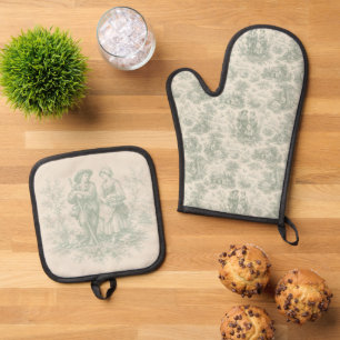 Ensemble De Gant De Cuisine Et De Manique Campagne française romantique Toile en vert sauge