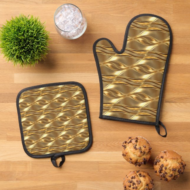 Ensemble De Gant De Cuisine Et De Manique Captivating gold pattern (De haut en bas)