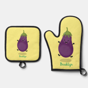 Ensemble De Gant De Cuisine Et De Manique Caricature d'aubergine d'aubergine joliment heureu