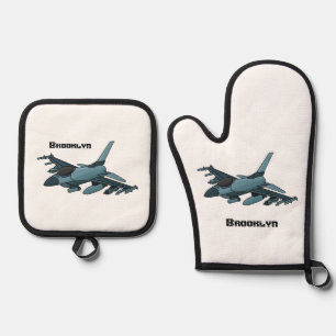 Ensemble De Gant De Cuisine Et De Manique Caricature d'avion de chasse militaire