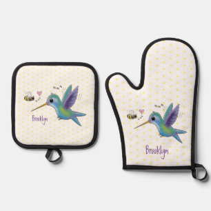 Ensemble De Gant De Cuisine Et De Manique Caricature de colibri d'abeille mignonne