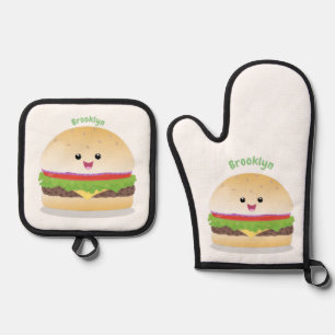 Ensemble De Gant De Cuisine Et De Manique Caricature de hamburger kawaii joyeux