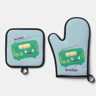 Ensemble De Gant De Cuisine Et De Manique Caricature de radio rétro amusante