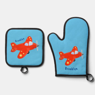 Ensemble De Gant De Cuisine Et De Manique Caricature de vol d'avion rouge mignon