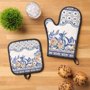 Ensemble De Gant De Cuisine Et De Manique Carreaux bleus Méditerranéen Floral 