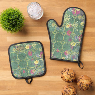 Ensemble De Gant De Cuisine Et De Manique Carreaux de monogramme Fleurs sauvages