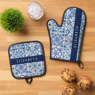 Ensemble De Gant De Cuisine Et De Manique Carreaux méditerranéens, Portugais, Azulejo, Votre