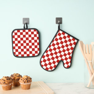 Ensemble De Gant De Cuisine Et De Manique Carrés à damier rouge blanc géométrique rétro