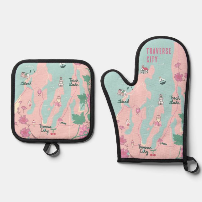 Ensemble De Gant De Cuisine Et De Manique Carte du vin et de la cerise de Traverse City Mich (Recto)