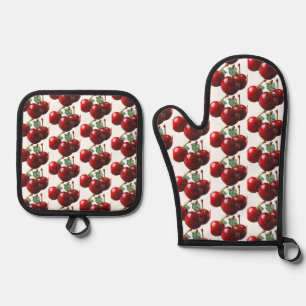 Ensemble De Gant De Cuisine Et De Manique Cerises rétro fraîchement cueillies