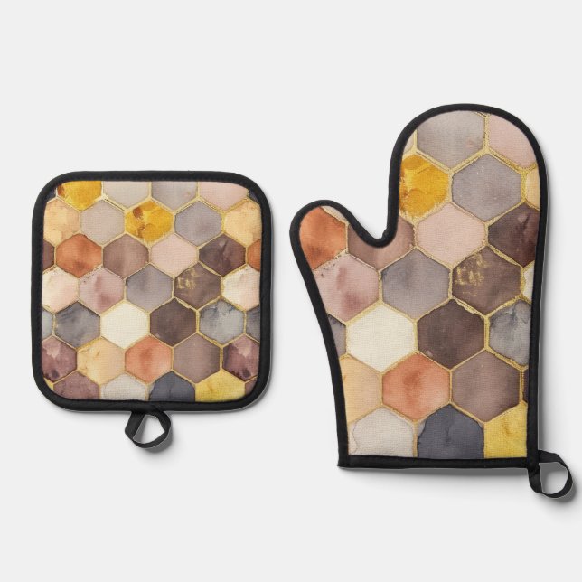 Ensemble De Gant De Cuisine Et De Manique Champagne Blush au peigne de miel de Glam Abstrait (Recto)