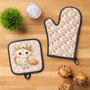 Ensemble De Gant De Cuisine Et De Manique Charme de hibou floral Boho Cottagecore Farmcore